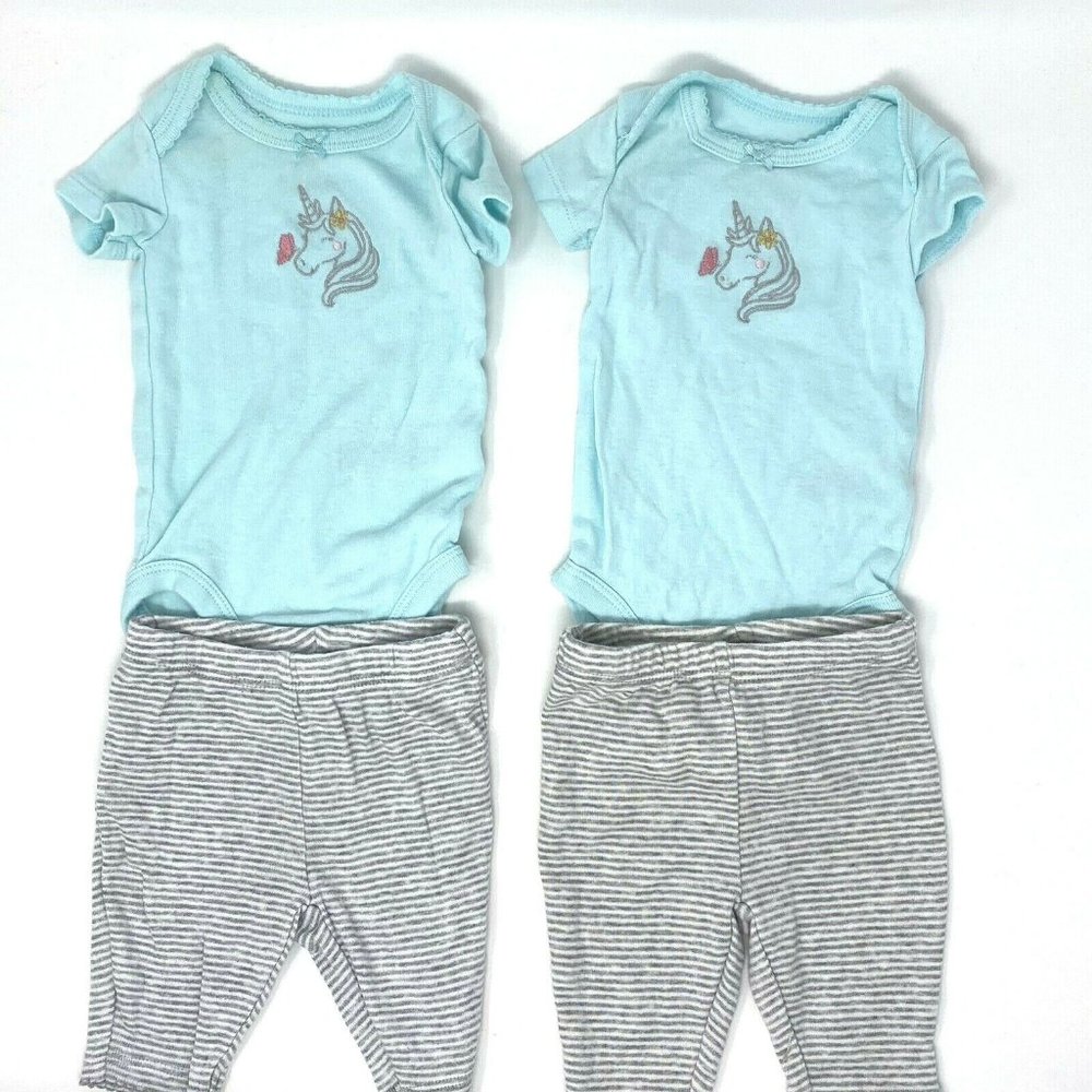 Carters NB Newborn Outfits Twins Set Unicorns Teal Gray Girls Rompers Pants Lot